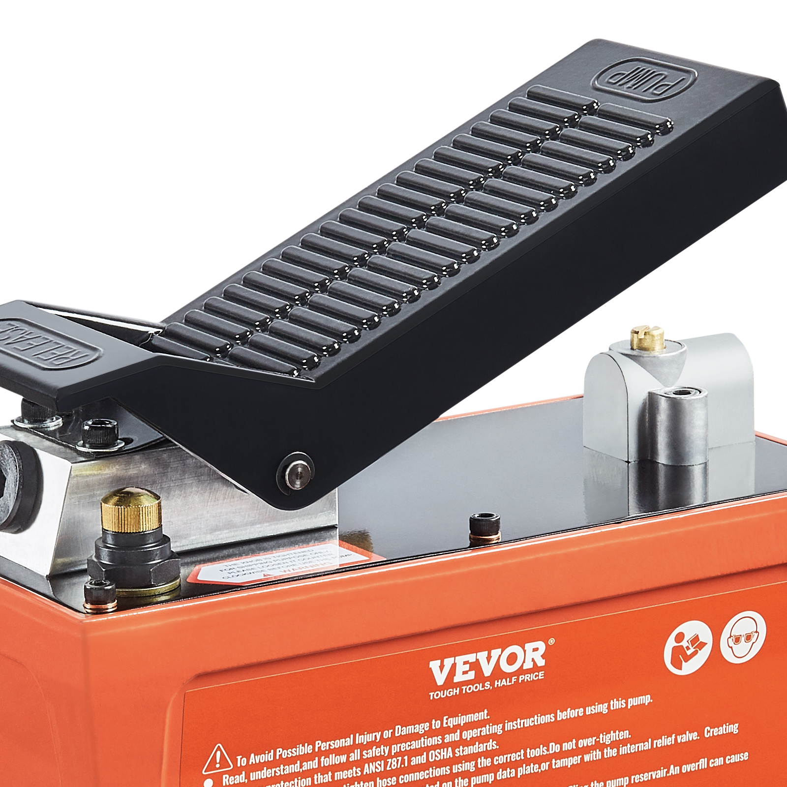 VEVOR air hydraulic pump with black foot pedal and orange body featuring safety instructions.