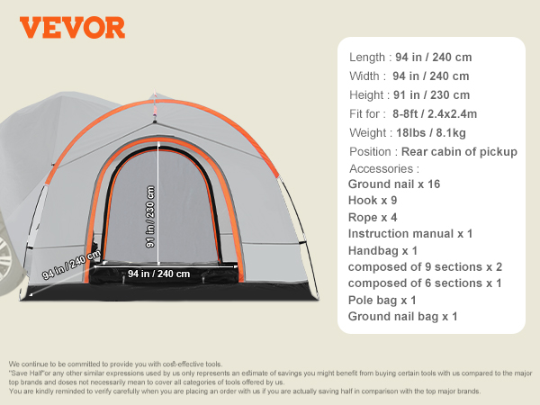 VEVOR suv camping tent setup showing dimensions and accessories list in front of an suv.