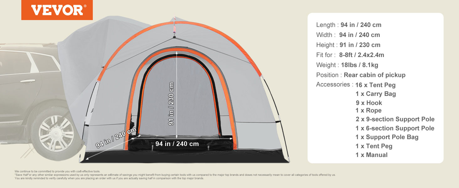 VEVOR suv camping tent setup showing dimensions and accessories list in front of an suv.