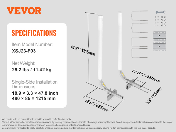 VEVOR marine trailer guide specifications, details include model xsj23-f03, 25.2 lbs weight, 1215 mm height.