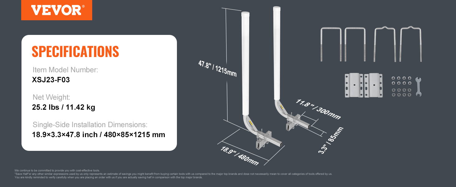 VEVOR marine trailer guide specifications, details include model xsj23-f03, 25.2 lbs weight, 1215 mm height.