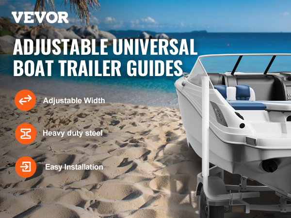 VEVOR marine trailer guide featuring adjustable universal boat trailer guides on a beach background.