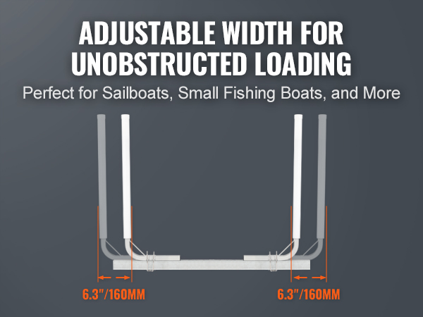 VEVOR marine trailer guide showing adjustable width for easy loading, ideal for sailboats and small fishing boats.