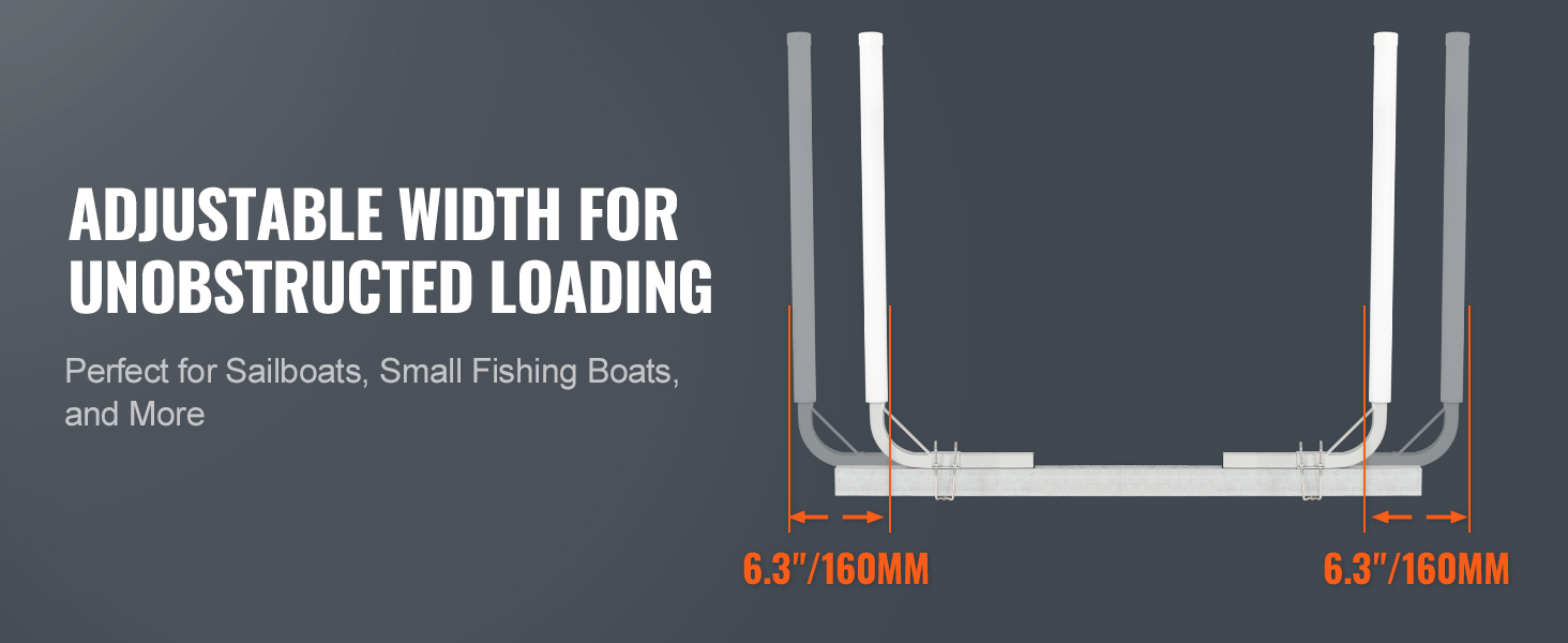 VEVOR marine trailer guide showing adjustable width for easy loading, ideal for sailboats and small fishing boats.