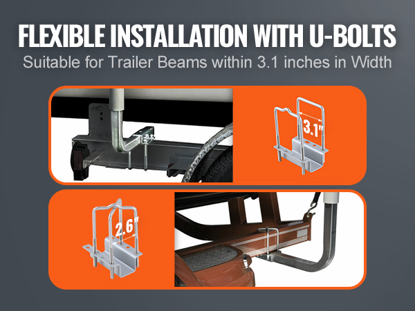 VEVOR marine trailer guide with flexible u-bolt installation for beams up to 3.1 inches wide.