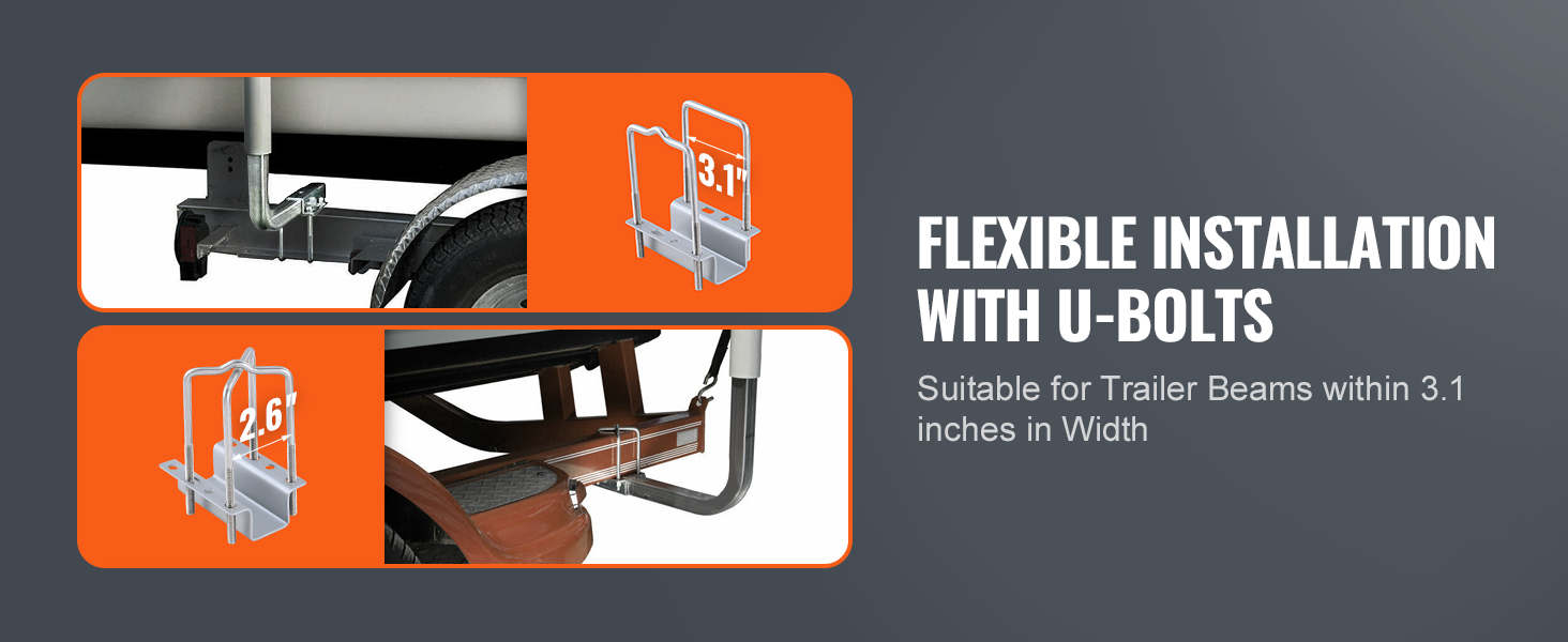 VEVOR marine trailer guide with flexible u-bolt installation for beams up to 3.1 inches wide.