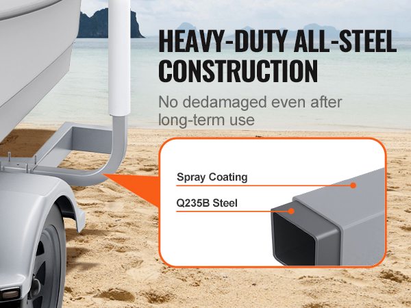 heavy-duty all-steel VEVOR marine trailer guide with spray coating and q235b steel on a beach.