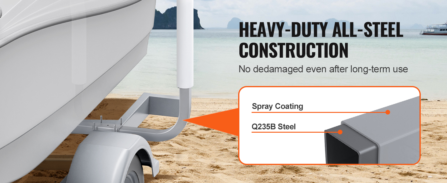 heavy-duty all-steel VEVOR marine trailer guide with spray coating and q235b steel on a beach.