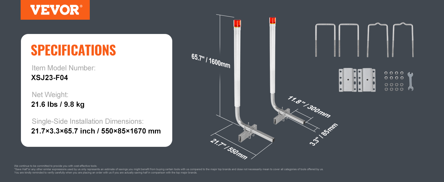 VEVOR marine trailer guide set xsj23-f04 with measurements and components laid out. net weight 21.6 lbs.