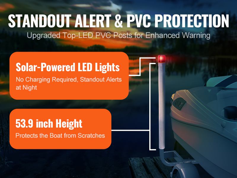 VEVOR marine trailer guide set with solar-powered led lights and 53.9-inch pvc posts for scratch protection.