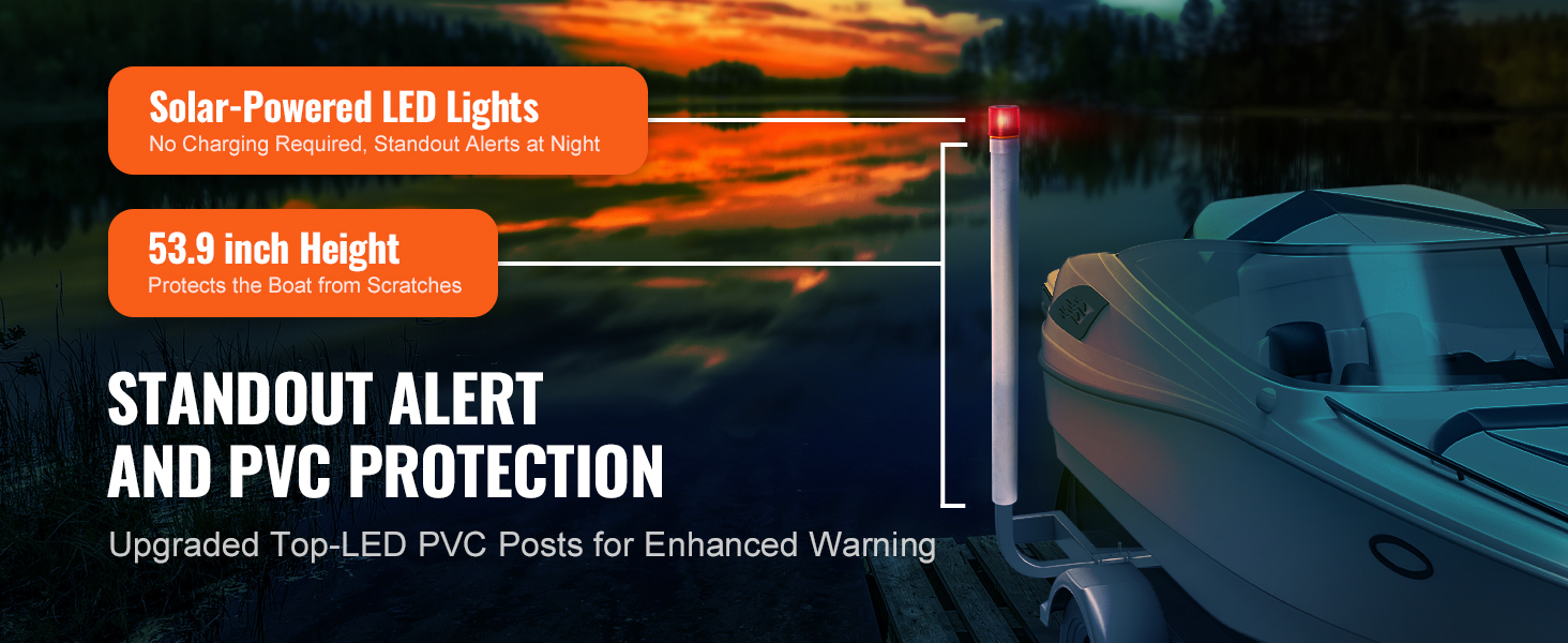VEVOR marine trailer guide set with solar-powered led lights and 53.9-inch pvc posts for scratch protection.