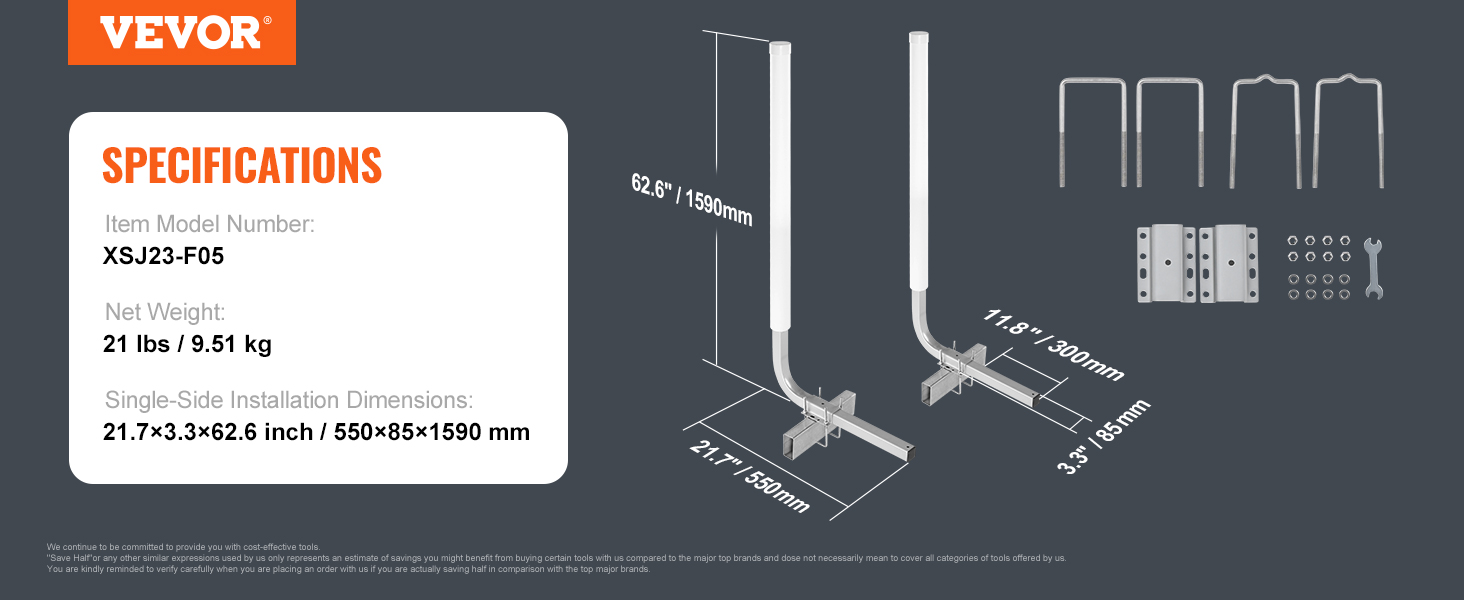 VEVOR marine trailer guide specifications, model xsj23-f05, net weight 21 lbs, dimensions 21.7x3.3x62.6 inches.