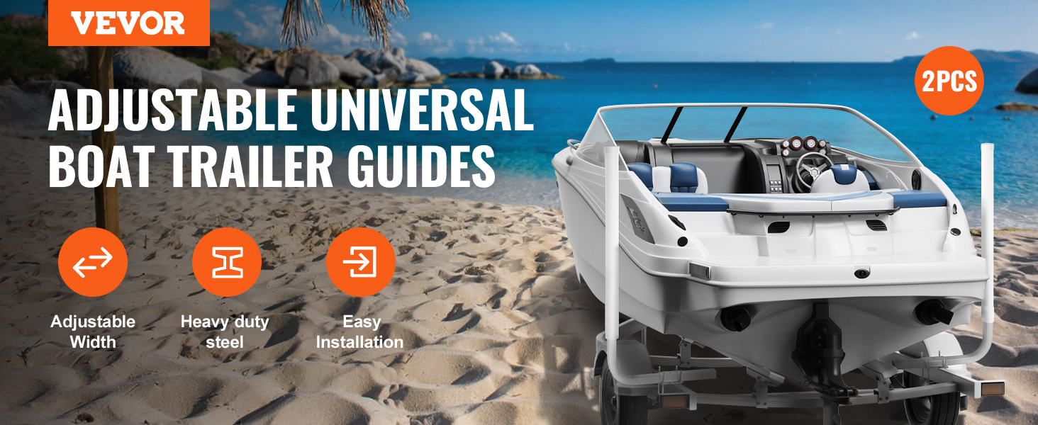 VEVOR marine trailer guide with adjustable width, heavy-duty steel, and easy installation by the shore.