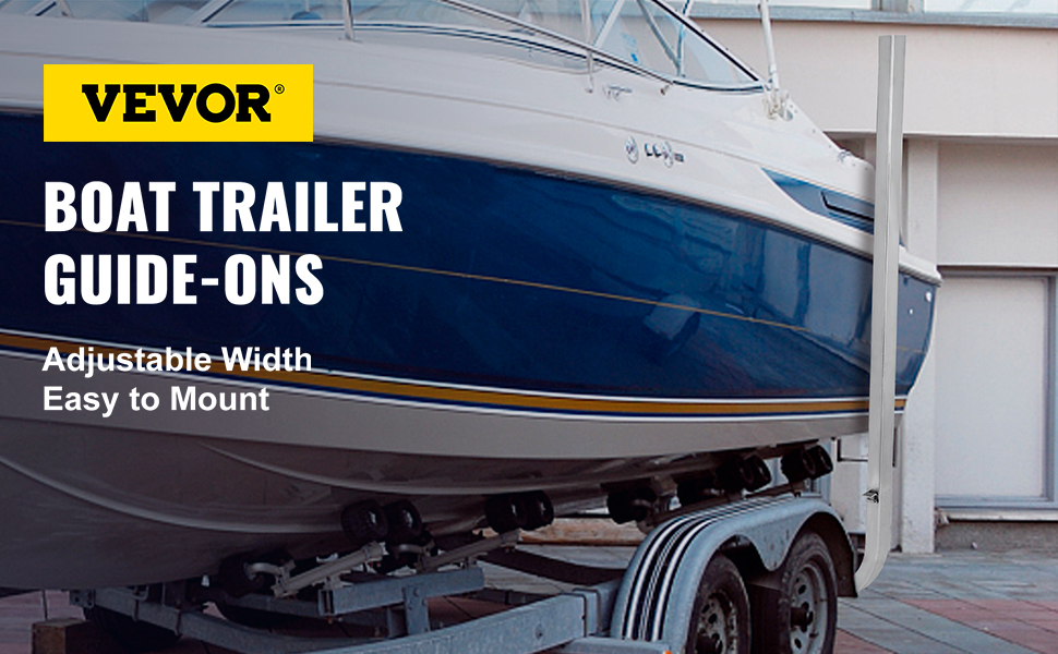 VEVOR boat trailer guide-ons with adjustable width, featuring a white boat on a trailer.