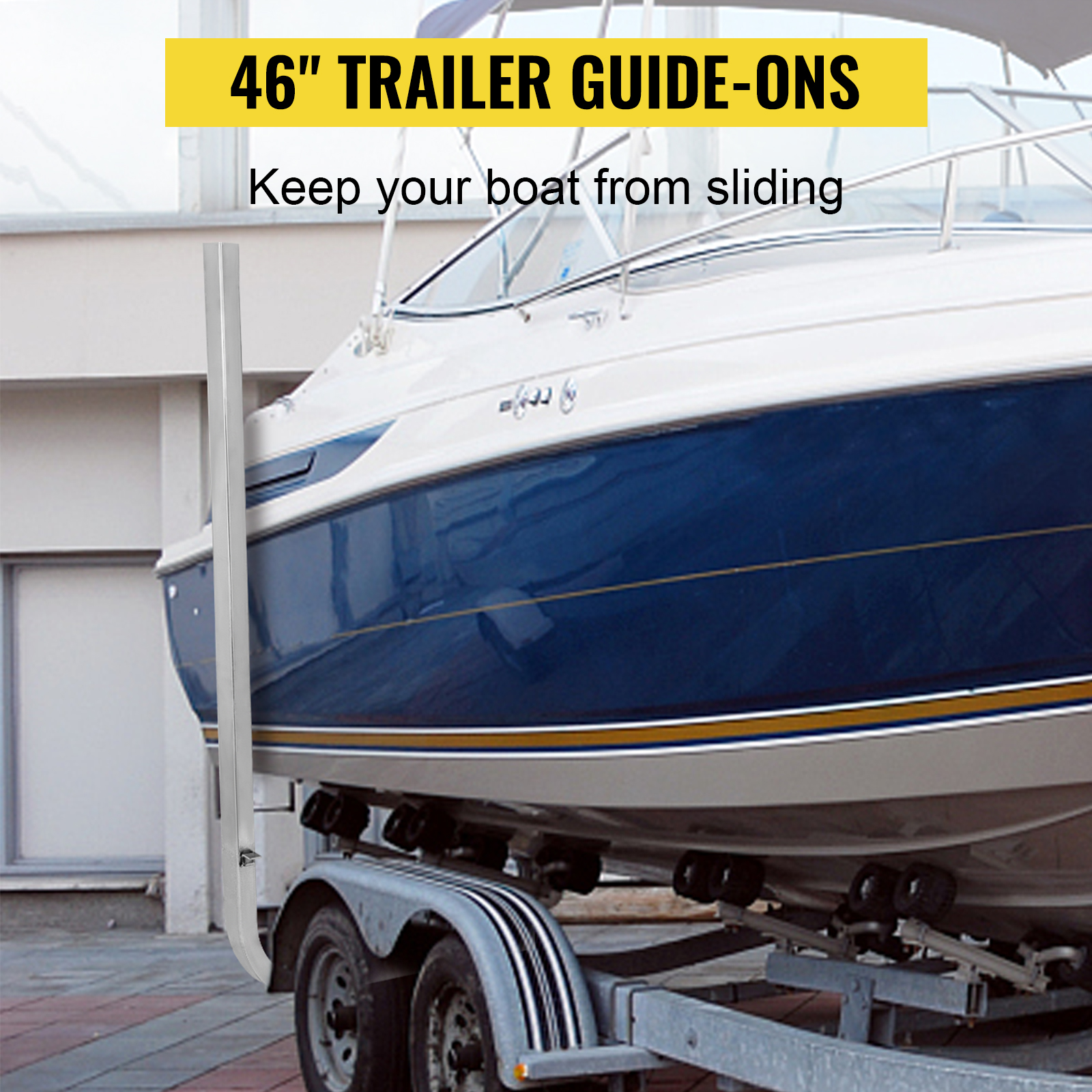 boat on trailer with 46" trailer guide-ons, VEVOR boat trailer guide-ons preventing sliding.