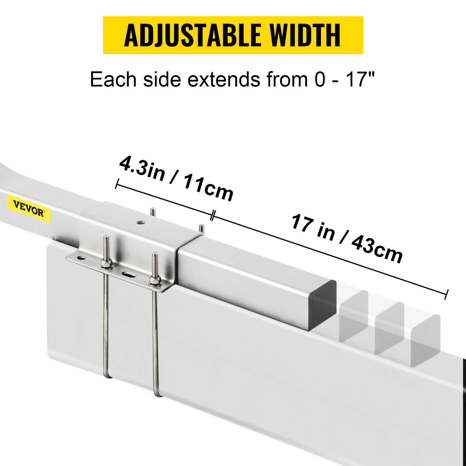 VEVOR boat trailer guide-ons with adjustable width, each side extends up to 17 inches (43 cm).