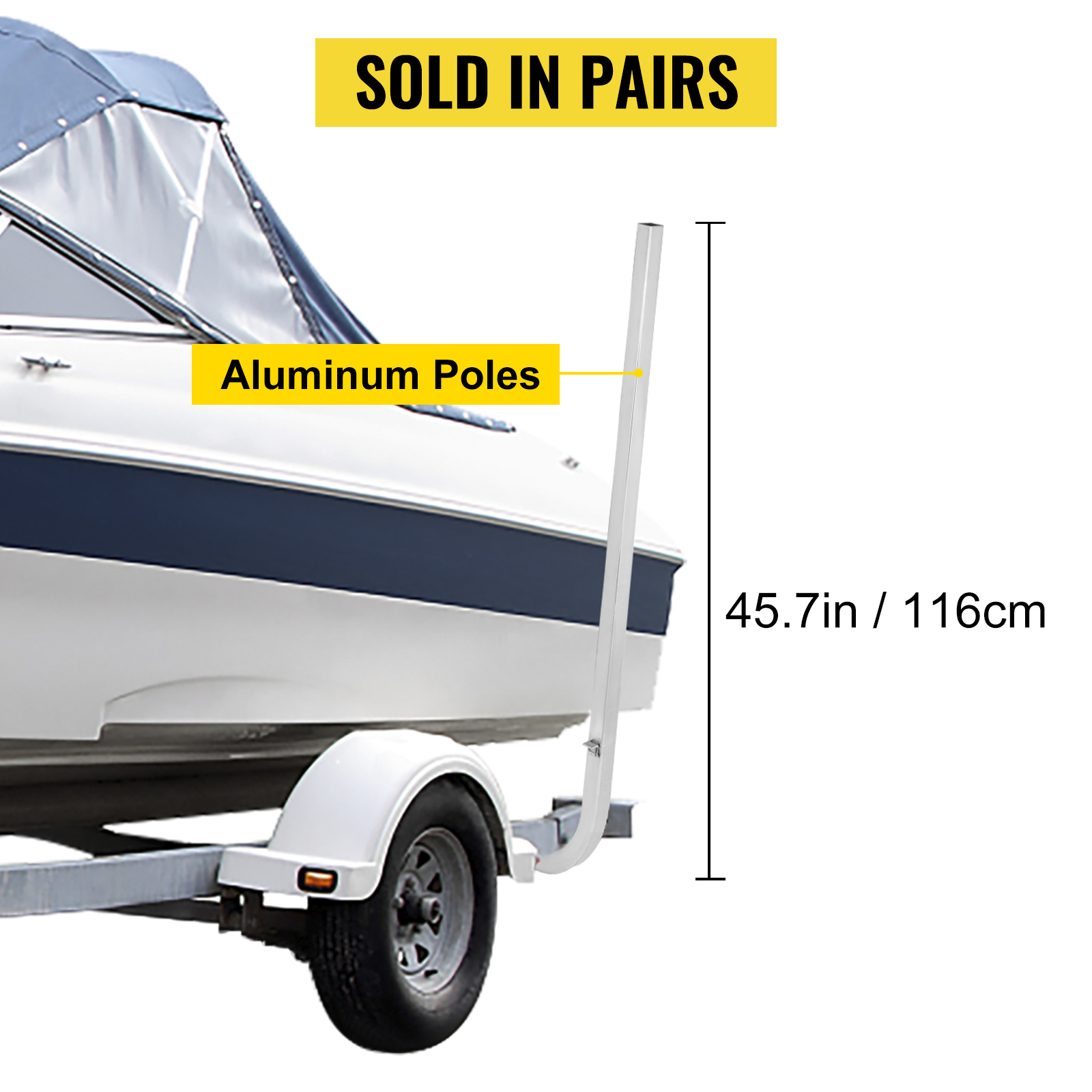 VEVOR boat trailer guide-ons with 45.7in aluminum poles, sold in pairs, attached to boat trailer.