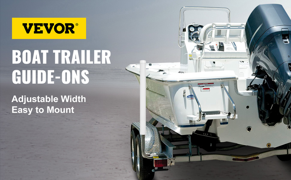 VEVOR boat trailer guide-ons, adjustable width, easy to mount, shown installed with a motorboat.