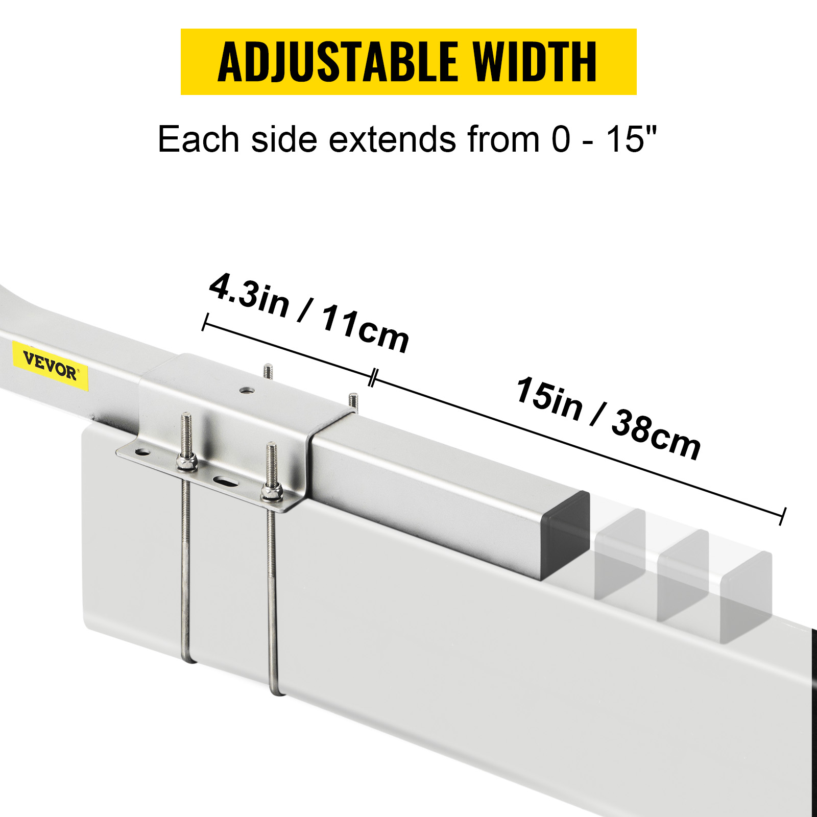 VEVOR boat trailer guide-ons with adjustable width, extending from 0 to 15 inches.
