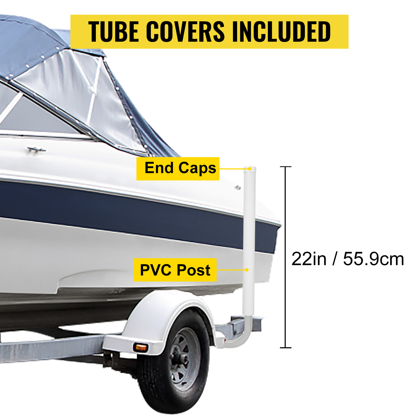 VEVOR boat trailer guide-ons with pvc posts and end caps, 22in (55.9cm), tube covers included.
