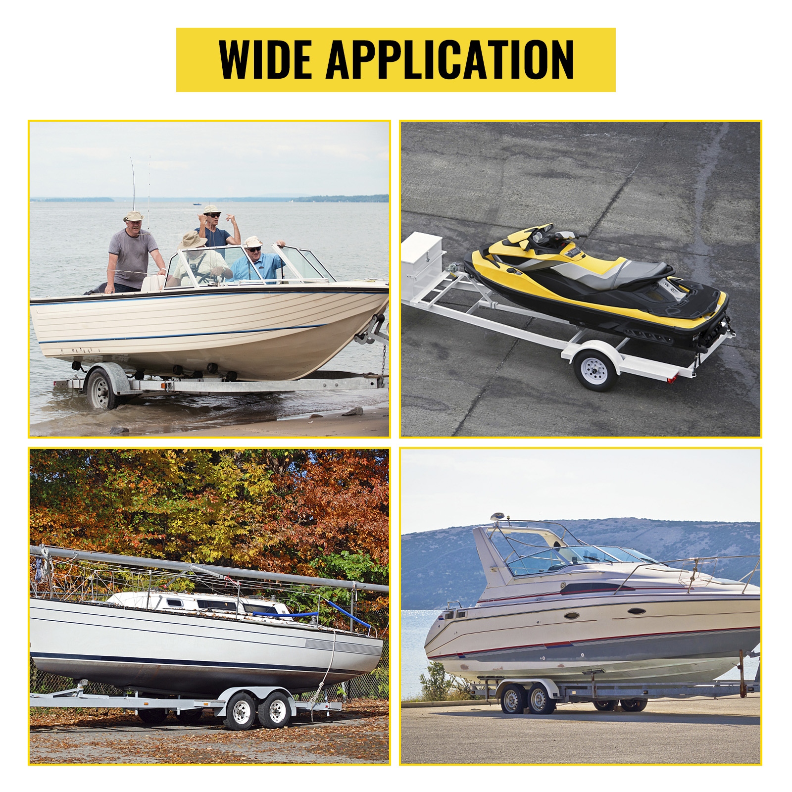 VEVOR boat trailer guide-ons show their wide application with different boat types in various settings.