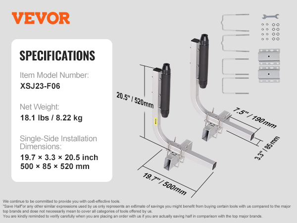 VEVOR marine trailer guides, xsj23-f06 model, 18.1 lbs., single-side installation dimensions: 19.7"x3.3"x20.5".