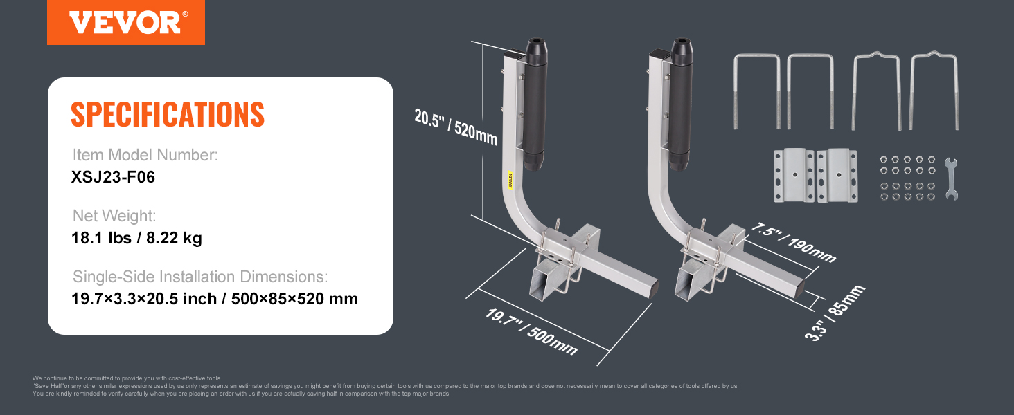 VEVOR marine trailer guides, xsj23-f06 model, 18.1 lbs., single-side installation dimensions: 19.7"x3.3"x20.5".