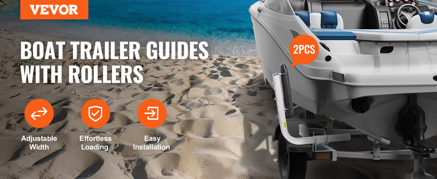 VEVOR marine trailer guides with rollers, adjustable width, effortless loading, easy installation.
