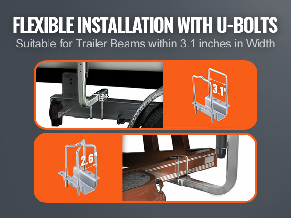 VEVOR marine trailer guides mounted with u-bolts, fitting trailer beams up to 3.1 inches wide.