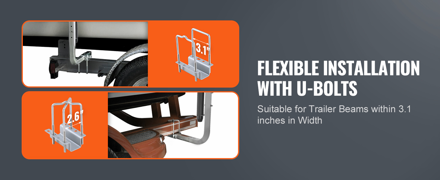 VEVOR marine trailer guides mounted with u-bolts, fitting trailer beams up to 3.1 inches wide.