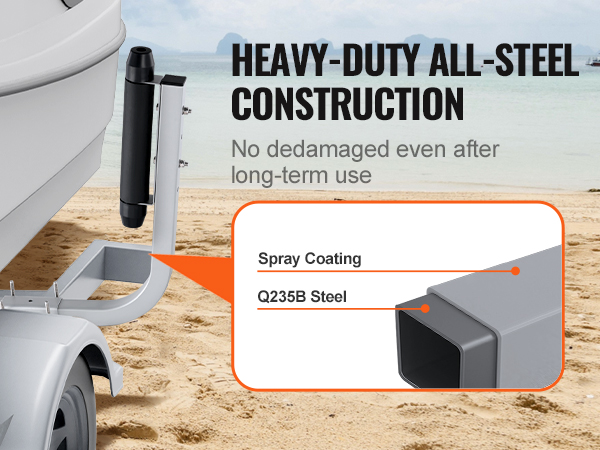 heavy-duty all-steel VEVOR marine trailer guides with spray coating and q235b steel on a sandy beach.