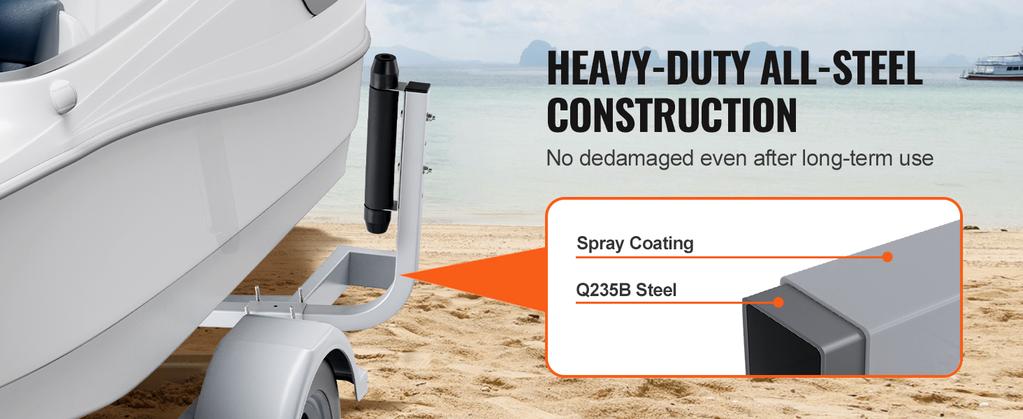heavy-duty all-steel VEVOR marine trailer guides with spray coating and q235b steel on a sandy beach.