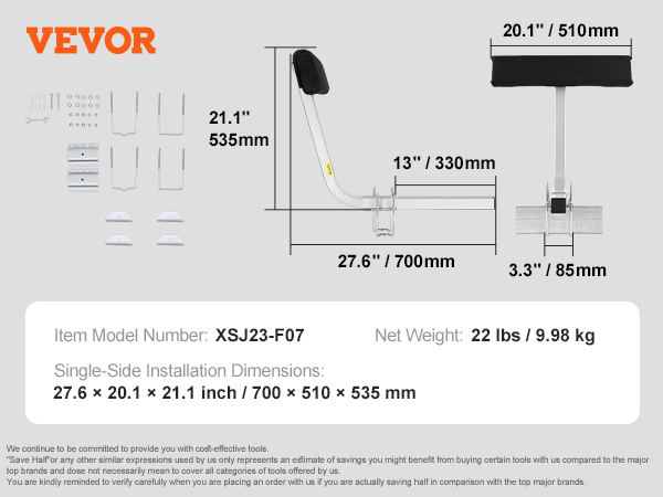 VEVOR marine trailer assistant specs include dimensions, net weight, and model number xsj23-f07.