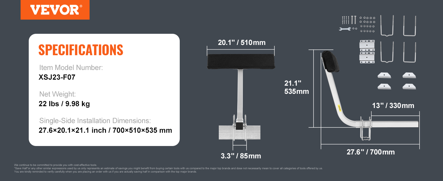 VEVOR marine trailer assistant specs include dimensions, net weight, and model number xsj23-f07.