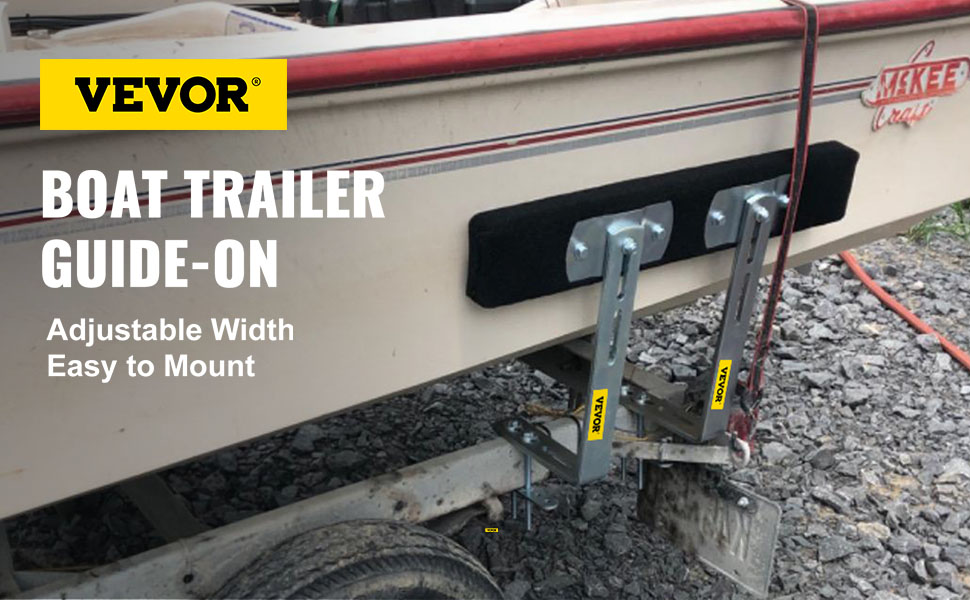 VEVOR boat trailer guide-ons with adjustable width mounted on beige boat, easy to install.