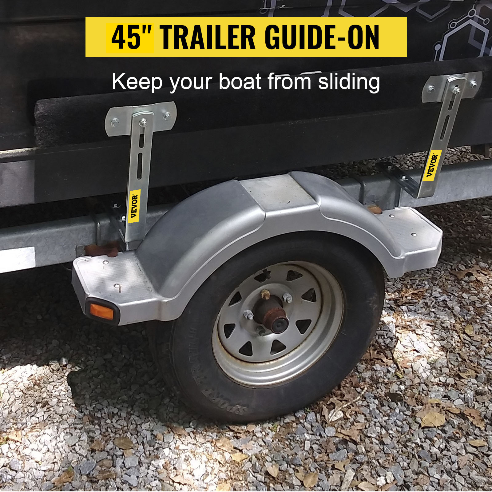 VEVOR boat trailer guide-ons on a wheel, featuring yellow branding and "45" trailer guide-on" text.
