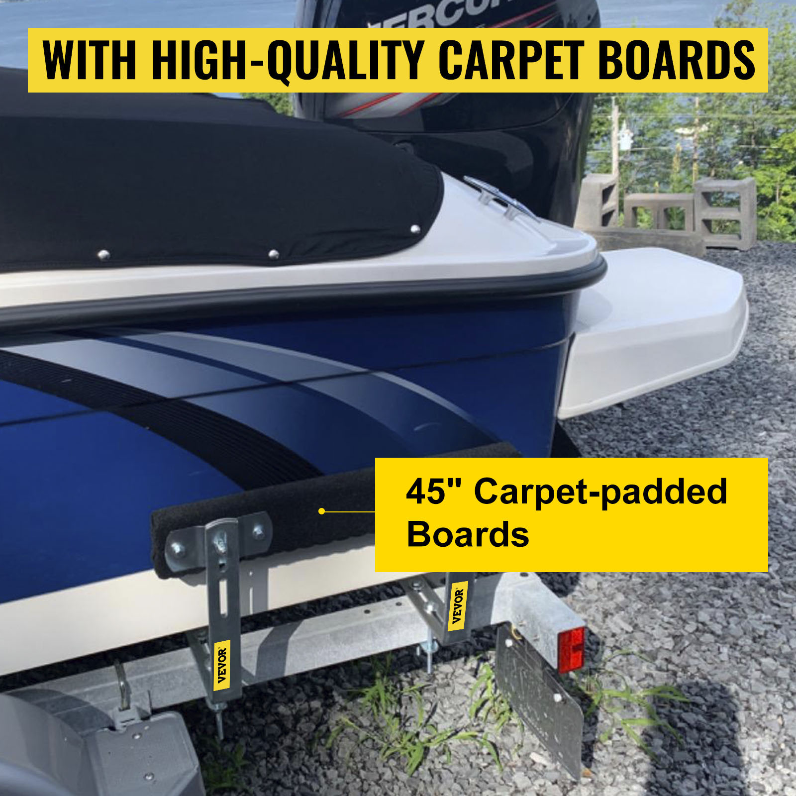 boat with VEVOR boat trailer guide-ons featuring 45" carpet-padded support boards.