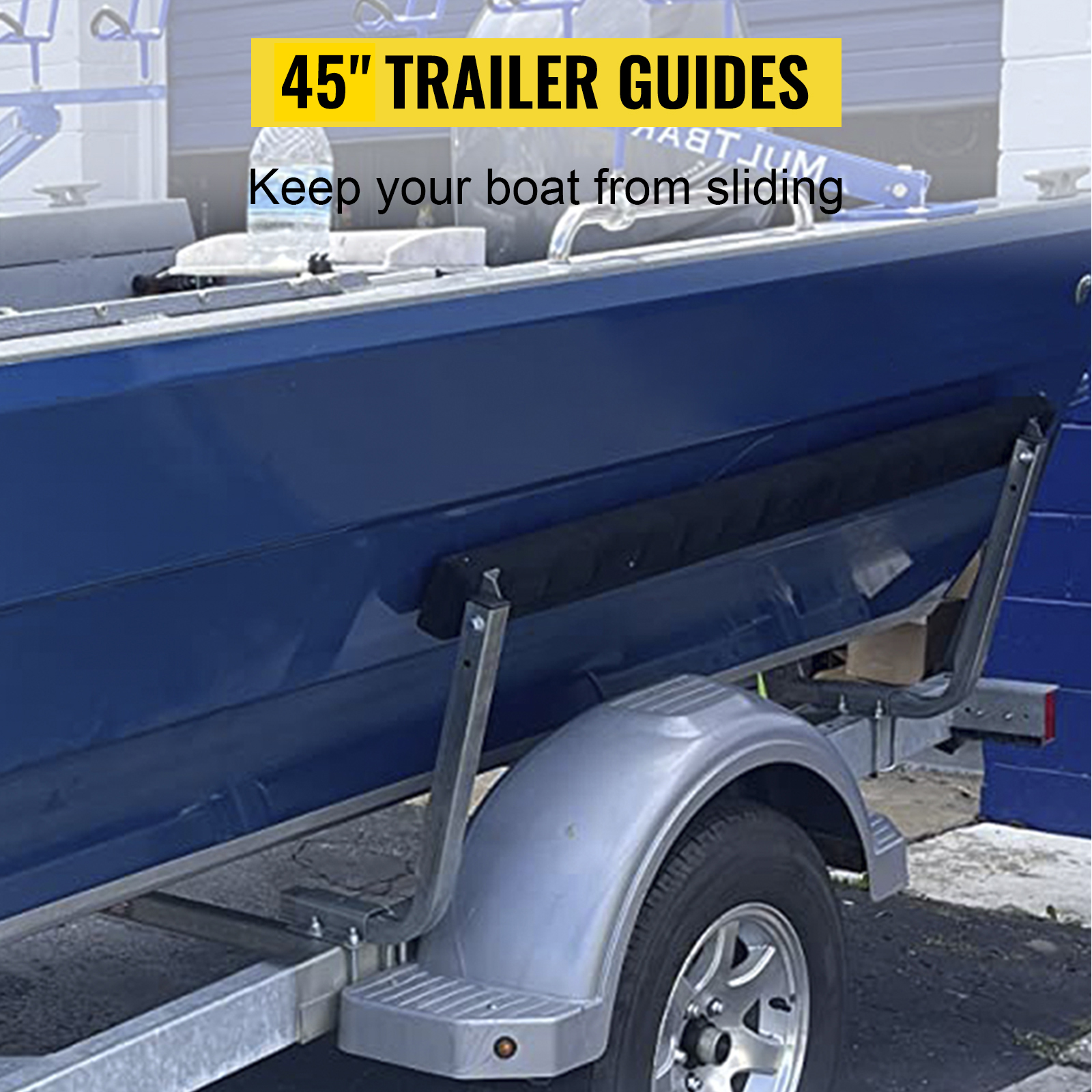 VEVOR boat trailer guide-ons with 45" trailer guides stabilize a blue boat on a metal trailer.