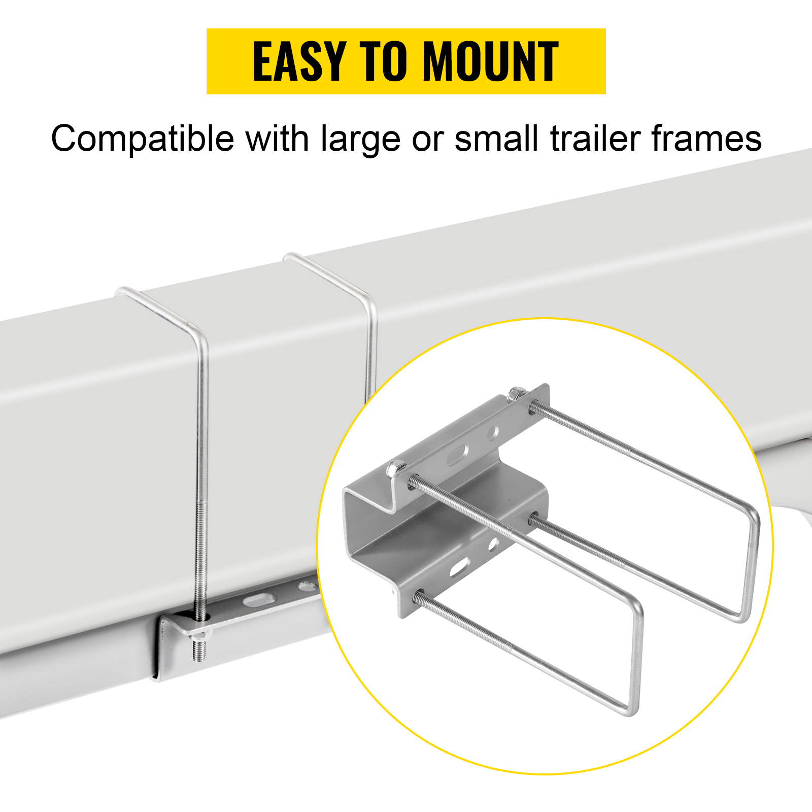 VEVOR boat trailer guide-ons mounted on a trailer, showcasing compatibility with various frame sizes.
