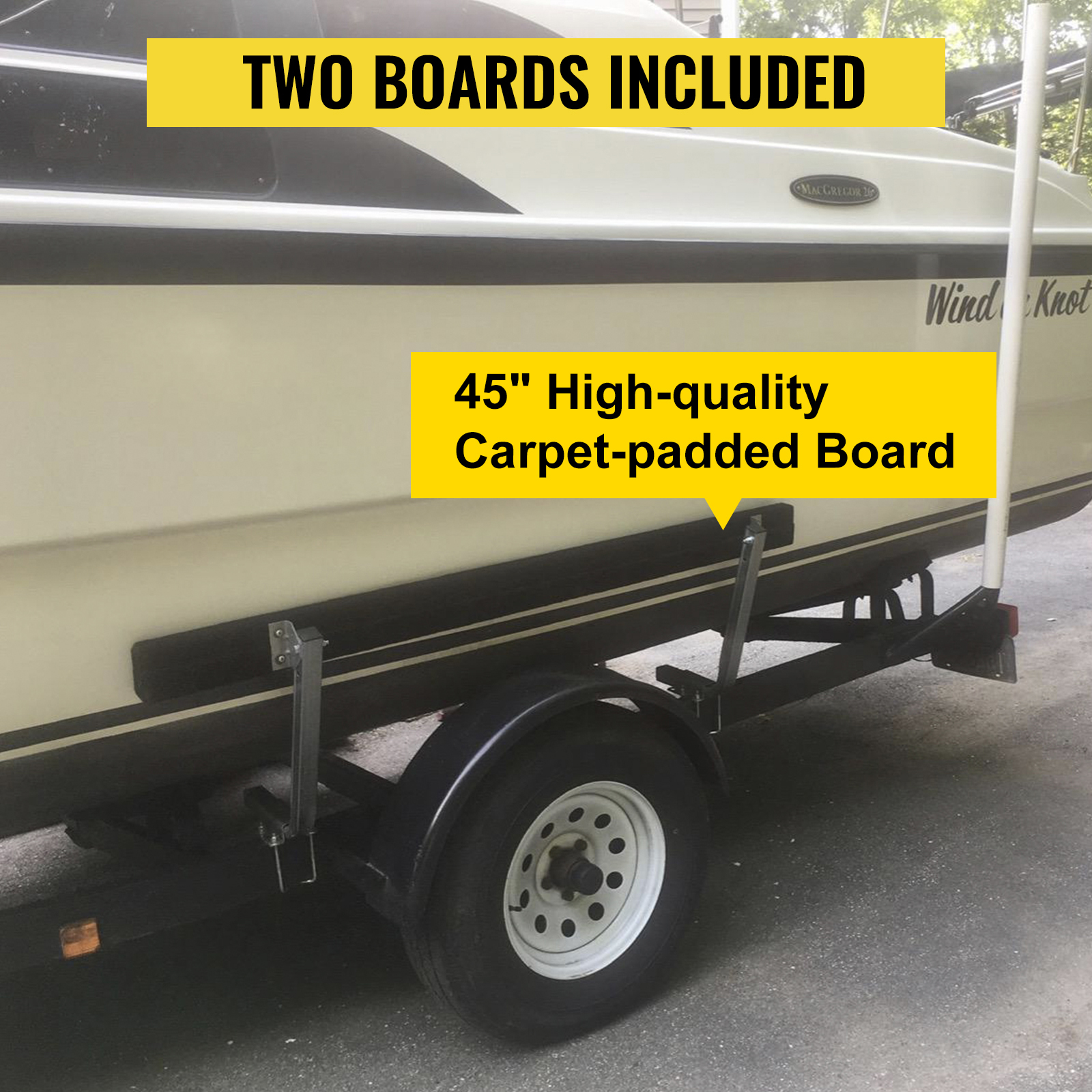 VEVOR boat trailer guide-ons with two 45" high-quality carpet-padded boards included.