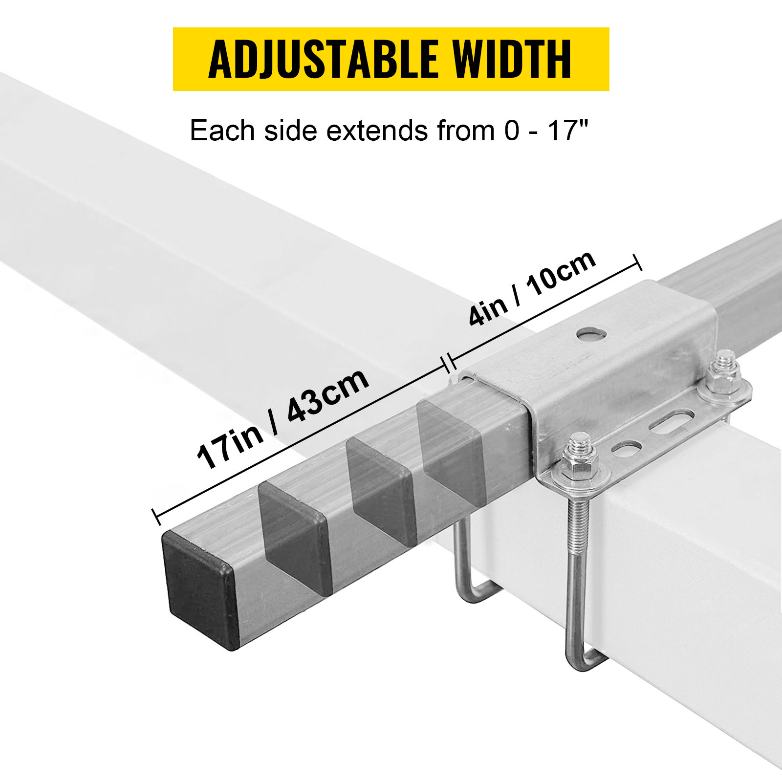 adjustable VEVOR boat trailer guide with width extending from 0 to 17 inches, secured with bolts.