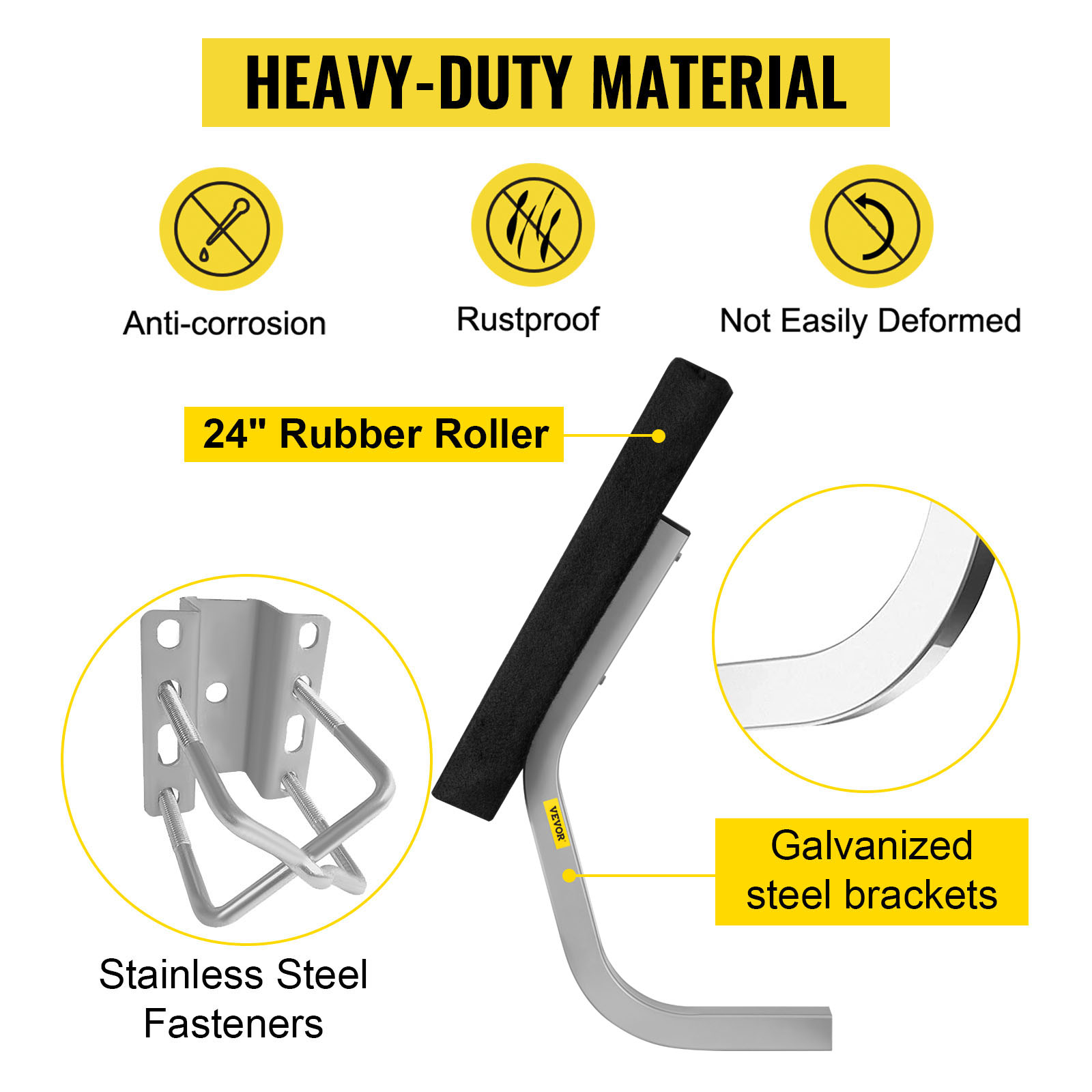 heavy-duty VEVOR boat trailer guide with 24" rubber roller, stainless steel fasteners, and galvanized brackets.