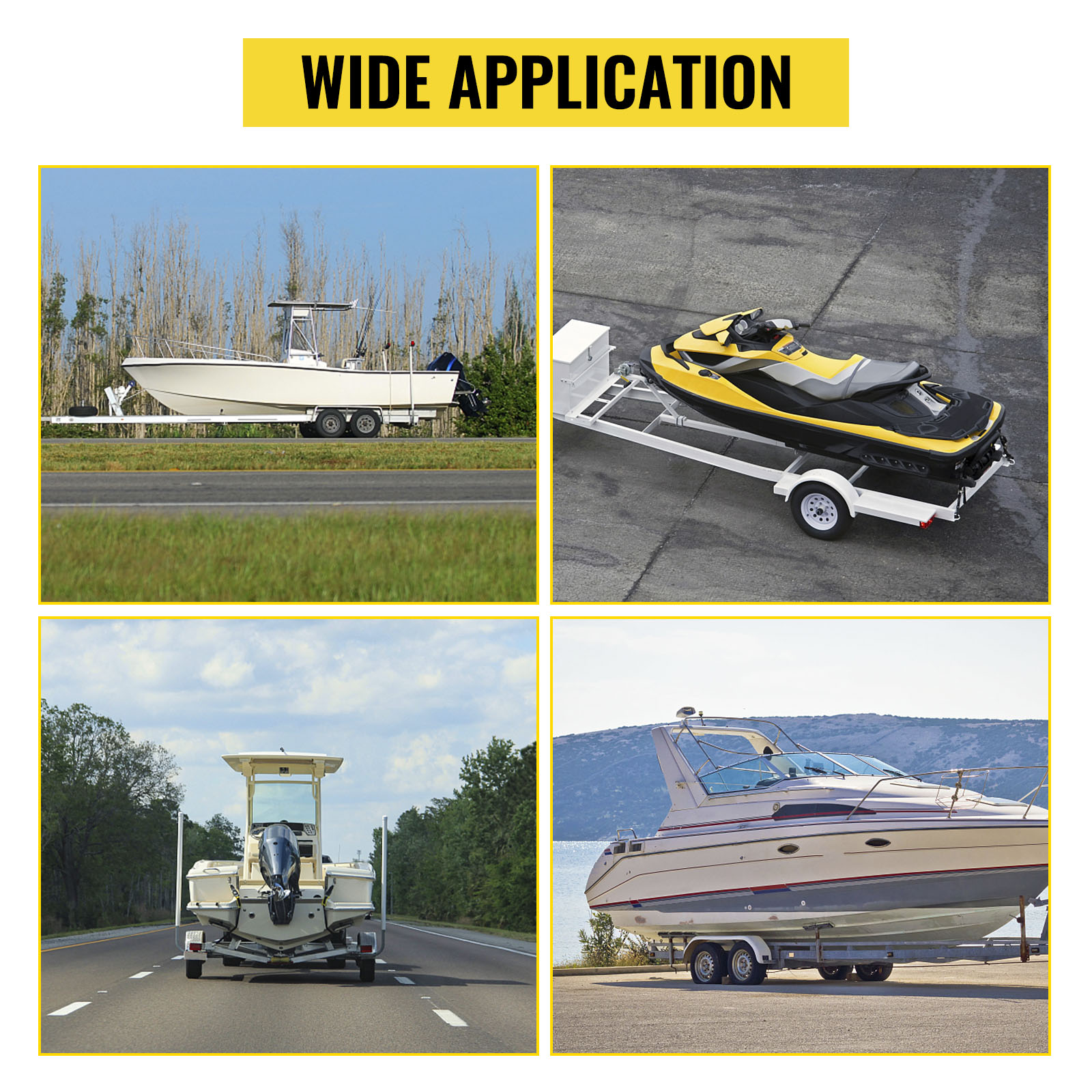 VEVOR boat trailer guide showcasing diverse boat types on trailers for wide application use.