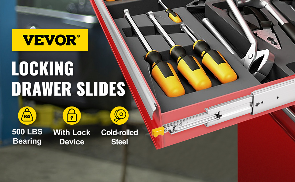 VEVOR heavy duty drawer slides with toolbox and yellow-black screwdrivers.