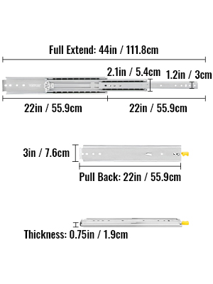 VEVOR heavy duty drawer slides, 44in full extend, 22in pull back, 0.75in thickness.