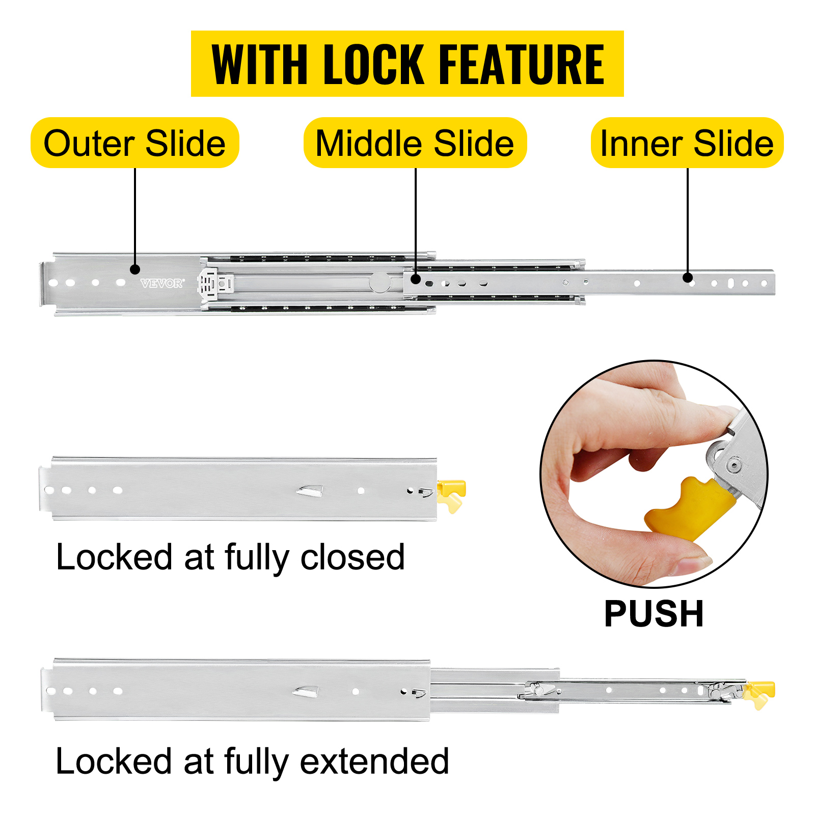 VEVOR heavy duty drawer slides with lock feature, showcasing outer, middle, inner slides.