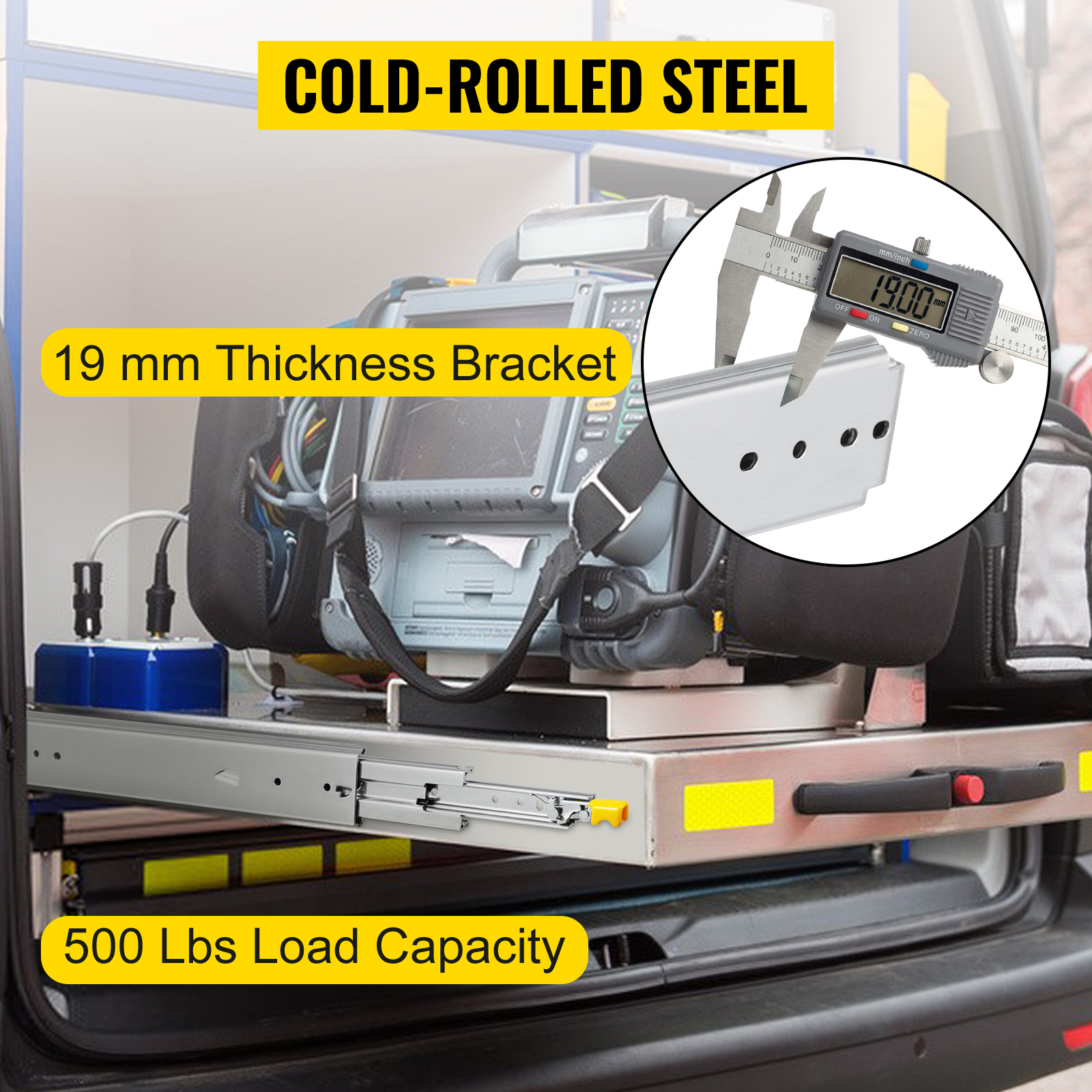 VEVOR heavy duty drawer slides with 500 lbs capacity and 19mm thickness bracket.