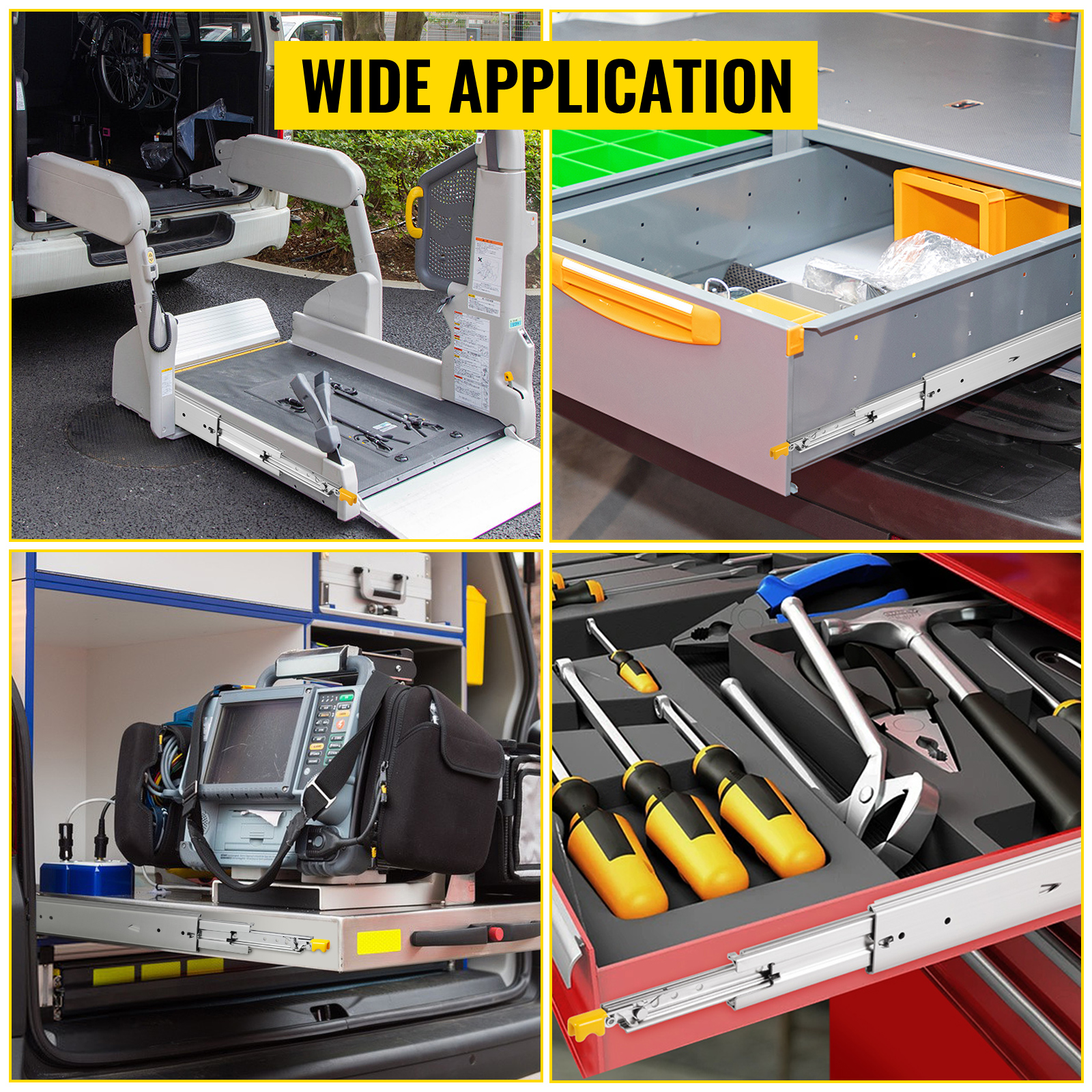 VEVOR heavy duty drawer slides in various applications for tools and equipment storage.