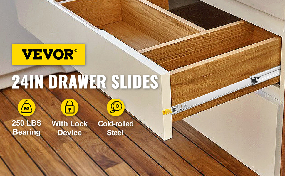 VEVOR heavy duty drawer slides, 24in, 250 lbs bearing, lock device, cold-rolled steel.