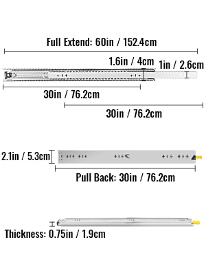 VEVOR heavy duty drawer slides, 60in max extend, 0.75in thick, 30in pull back.